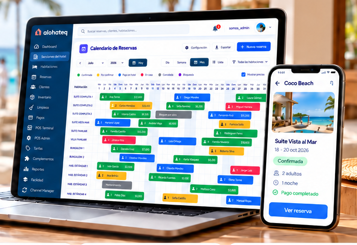 Calendario de reservas de Alohateq en una laptop y confirmación de reserva en la app móvil