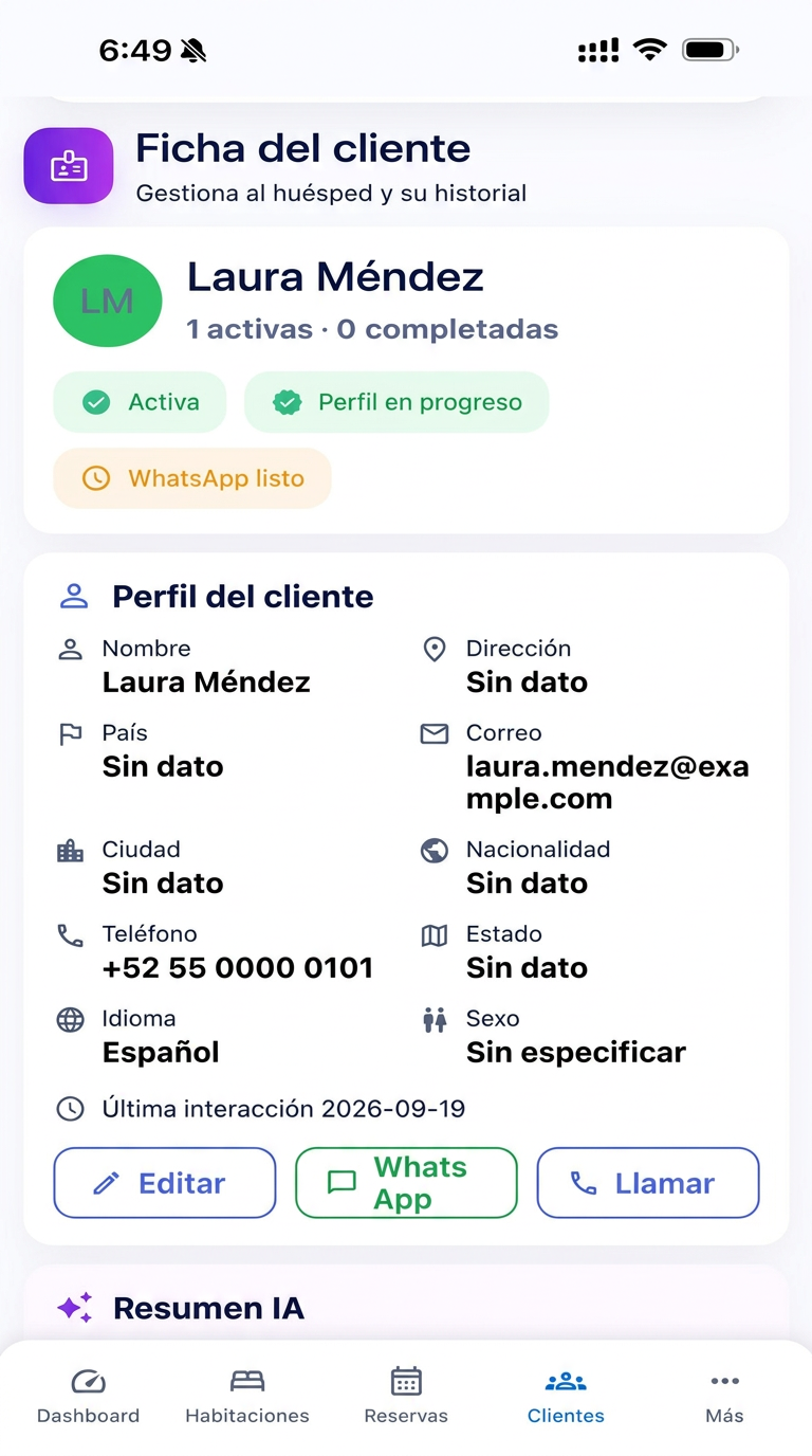 Ficha del cliente de Alohateq con información de ejemplo