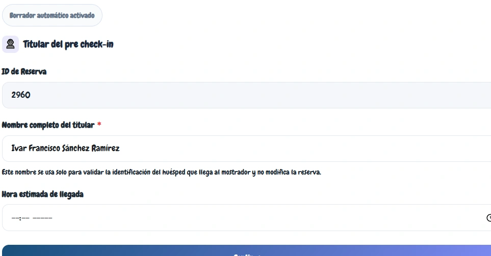 Vista del módulo Pre check-in online de Alohateq