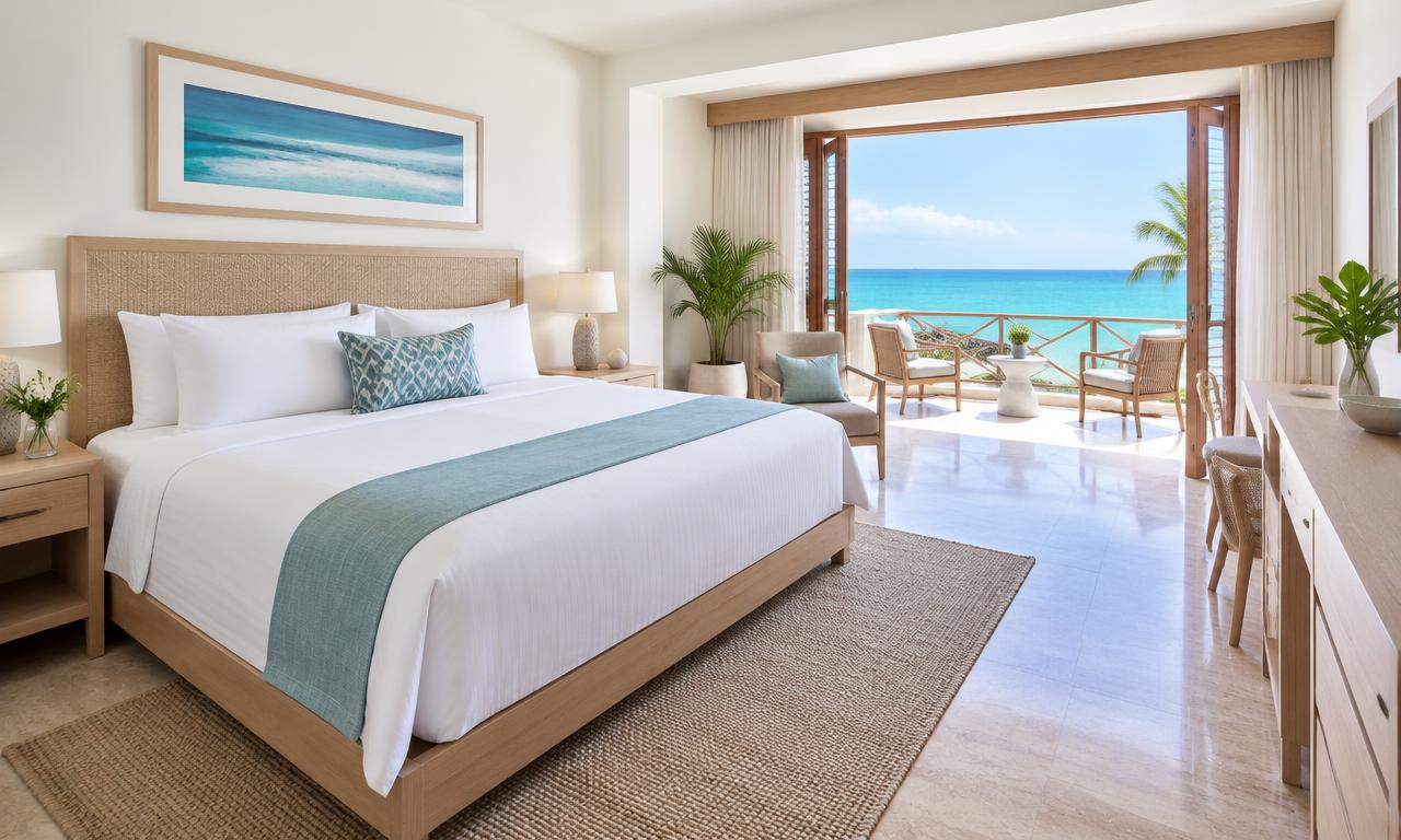 Habitación de hotel ilustrativa con balcón frente al mar