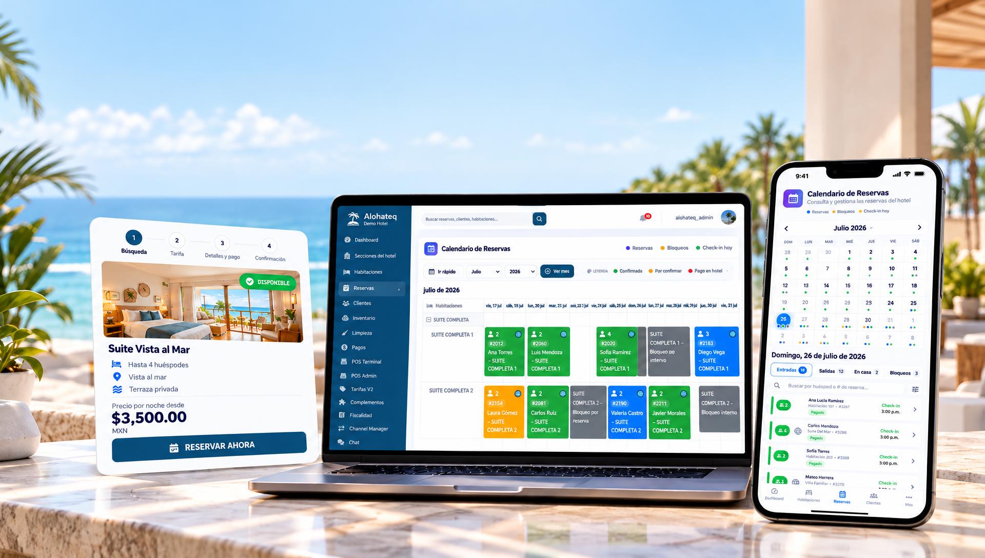 Motor de reservas, PMS con calendario en laptop y app móvil de Alohateq sobre una terraza frente al mar